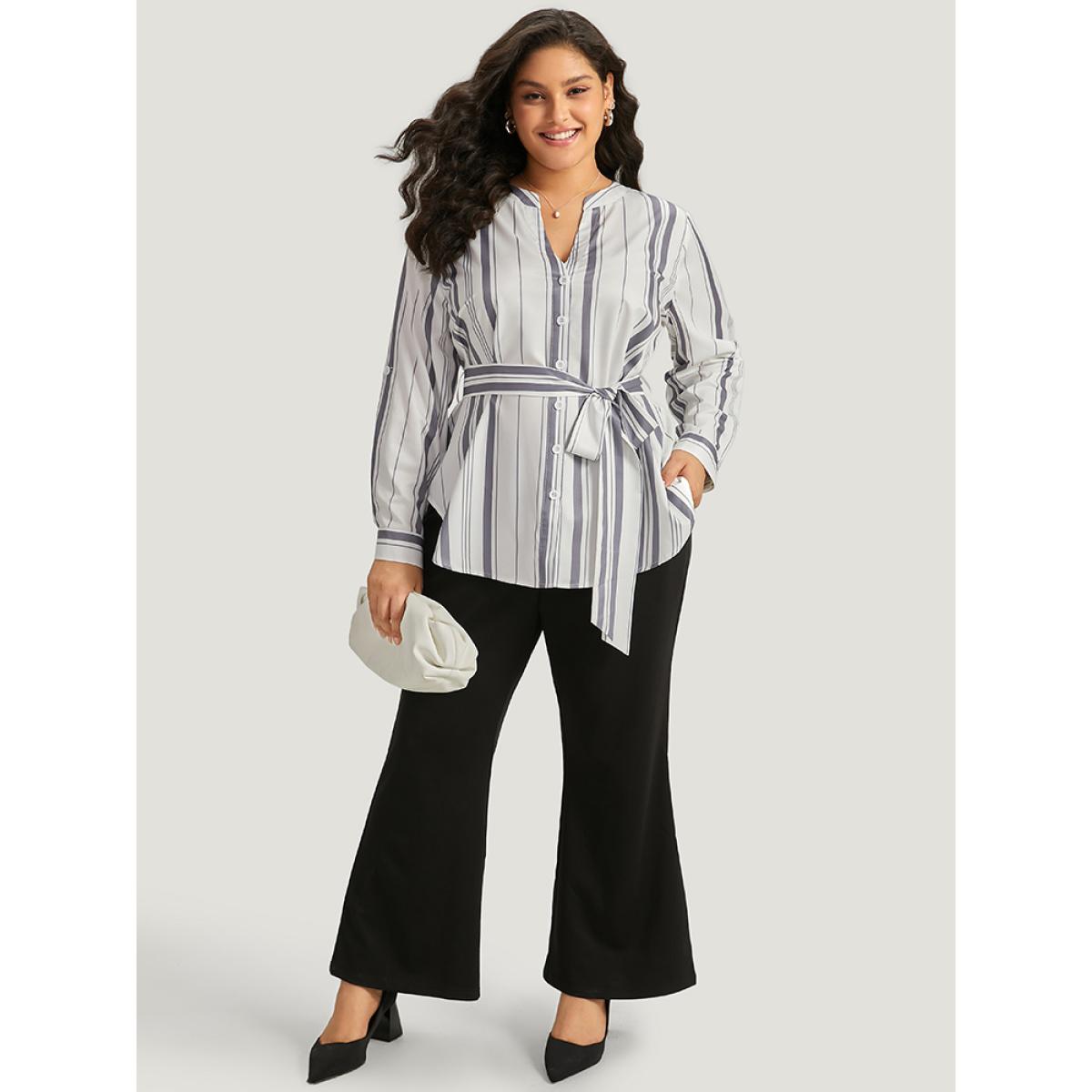 Plus Size Ivory Striped Arc Hem Belted Roll Tab Sleeve Blouse Women Office Long Sleeve V-neck Work Blouses BloomChic 14-16/1X Product Image