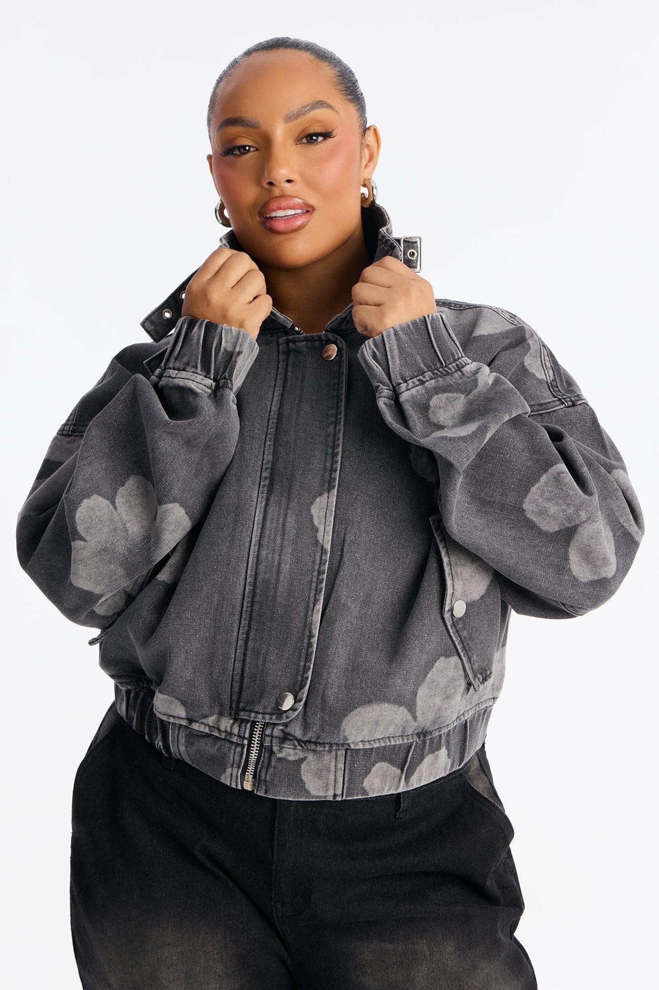 Born To Bloom High Neck Denim Jacket - Grey/Smoke Female Product Image