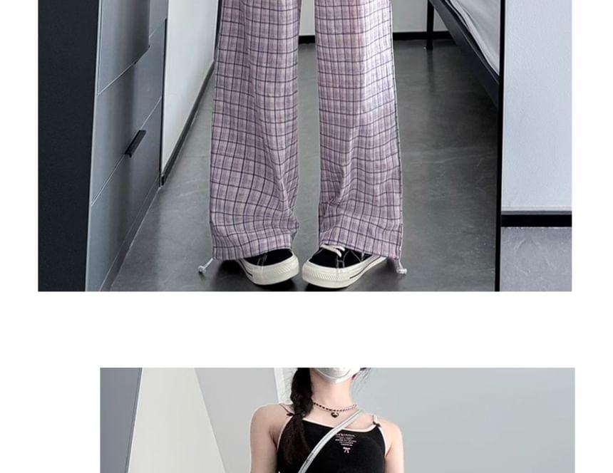 Panel Plaid High Waist Drawstring Wide Leg Sweatpants Product Image