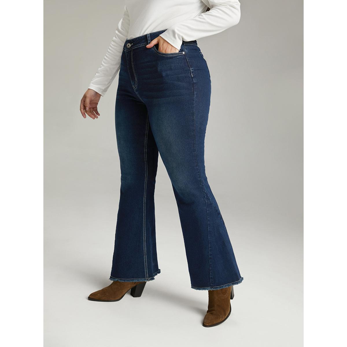 Plus Size High Rise Flare Jeans With Frayed Hem Women DarkBlue Casual Plain Plain High stretch Pocket Jeans BloomChic 30/6X Product Image