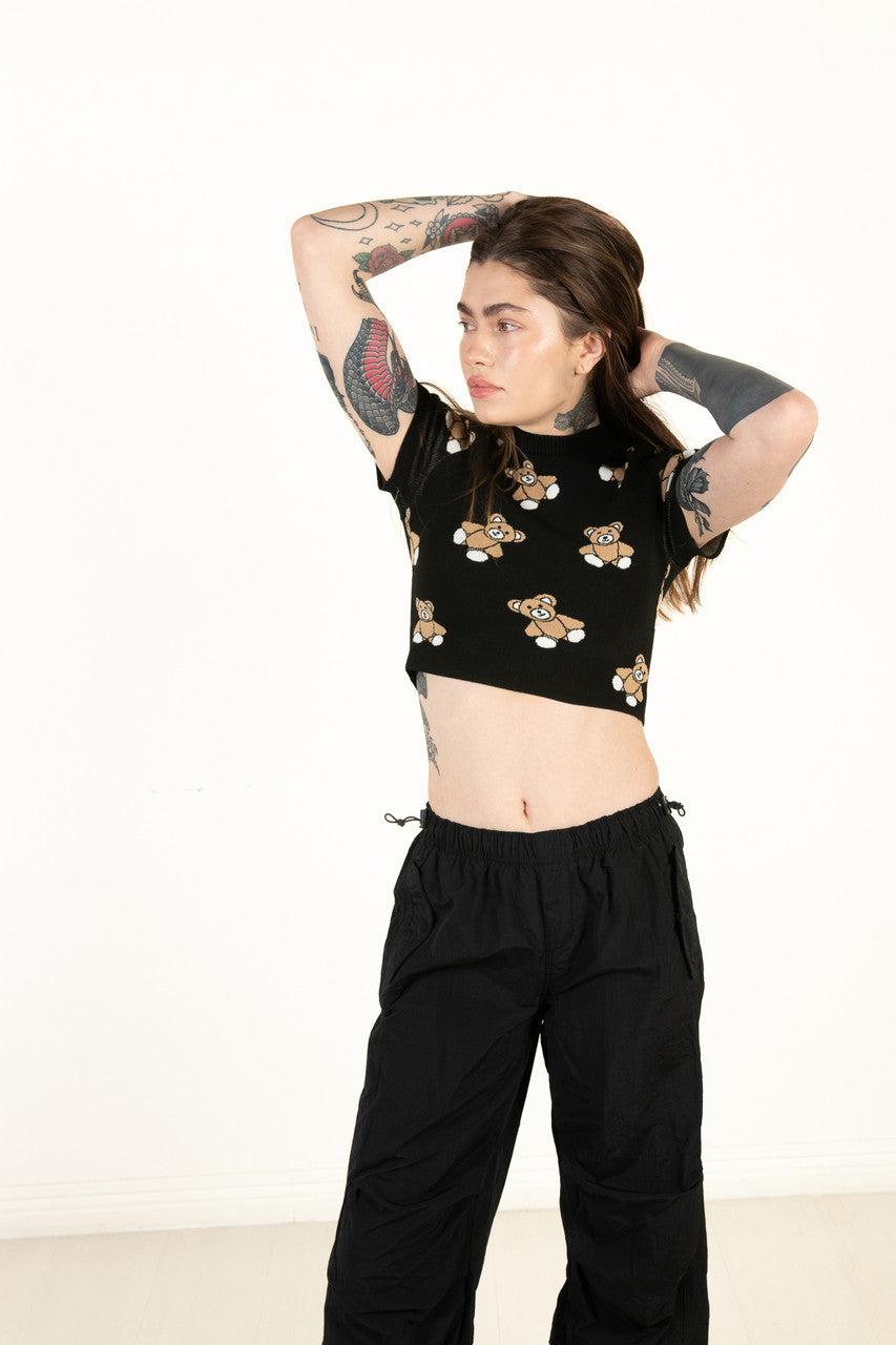 Black Short Sleeve Teddy Bear Sweater Product Image