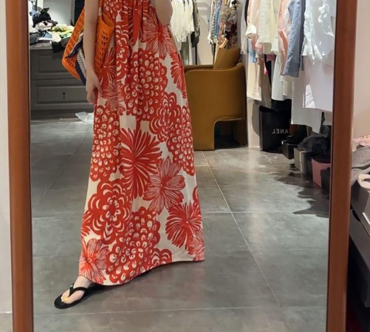 Spaghetti Strap Floral Print Maxi A-Line Dress Product Image