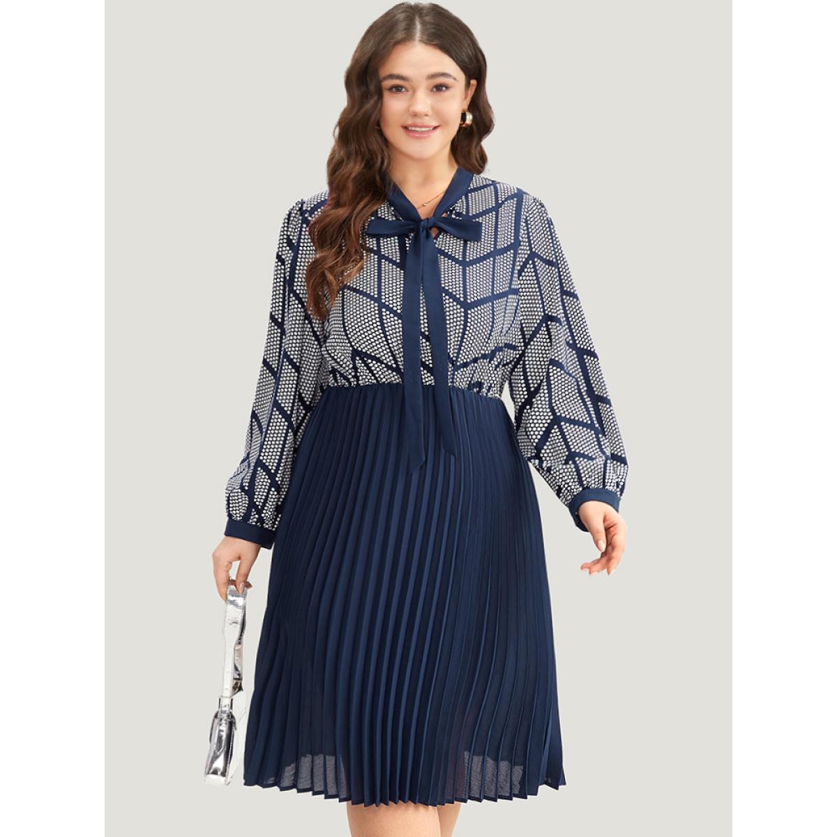 Plus Size Contrast Patchwork Ties Pleated Dress Indigo Women Office Printed Tie Neck Long Sleeve Curvy Midi Dress BloomChic 30/6X Product Image