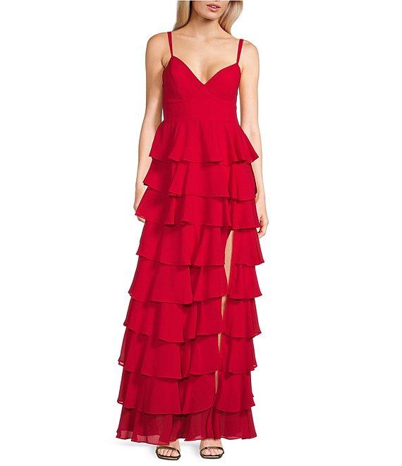B. Darlin Chiffon Double Spaghetti Strap V-Neck Tiered Ruffle Long Dress Product Image