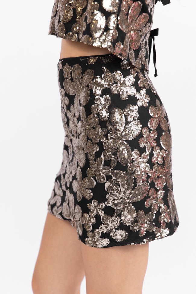 A Heart Of Gold Black Floral Print Sequin Mini Skirt FINAL SALE Product Image