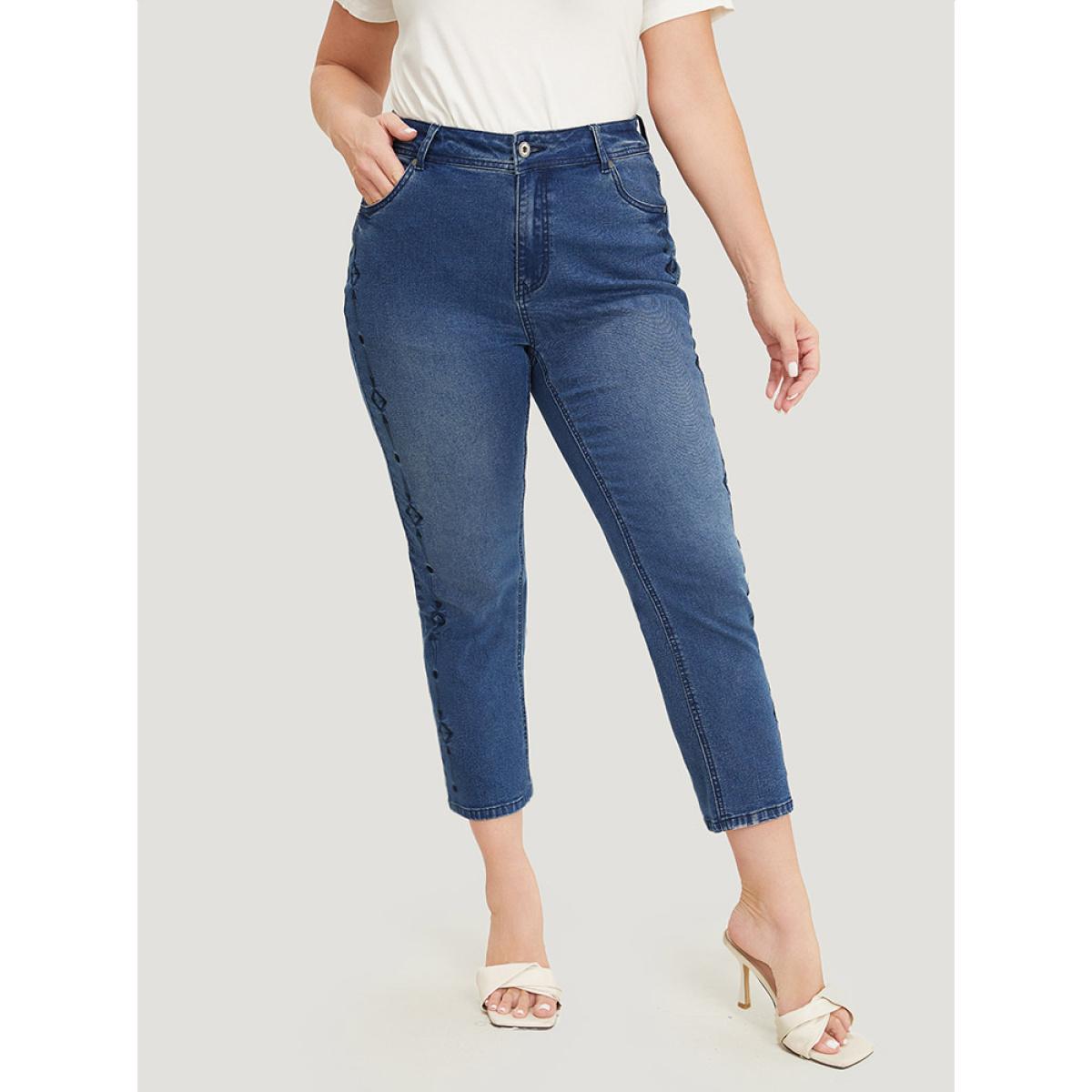 Plus Size Very Stretchy Medium Wash Geometric Embroidered Jeans Women Indigo Casual Plain Embroidered High stretch Jeans BloomChic 12/L Product Image
