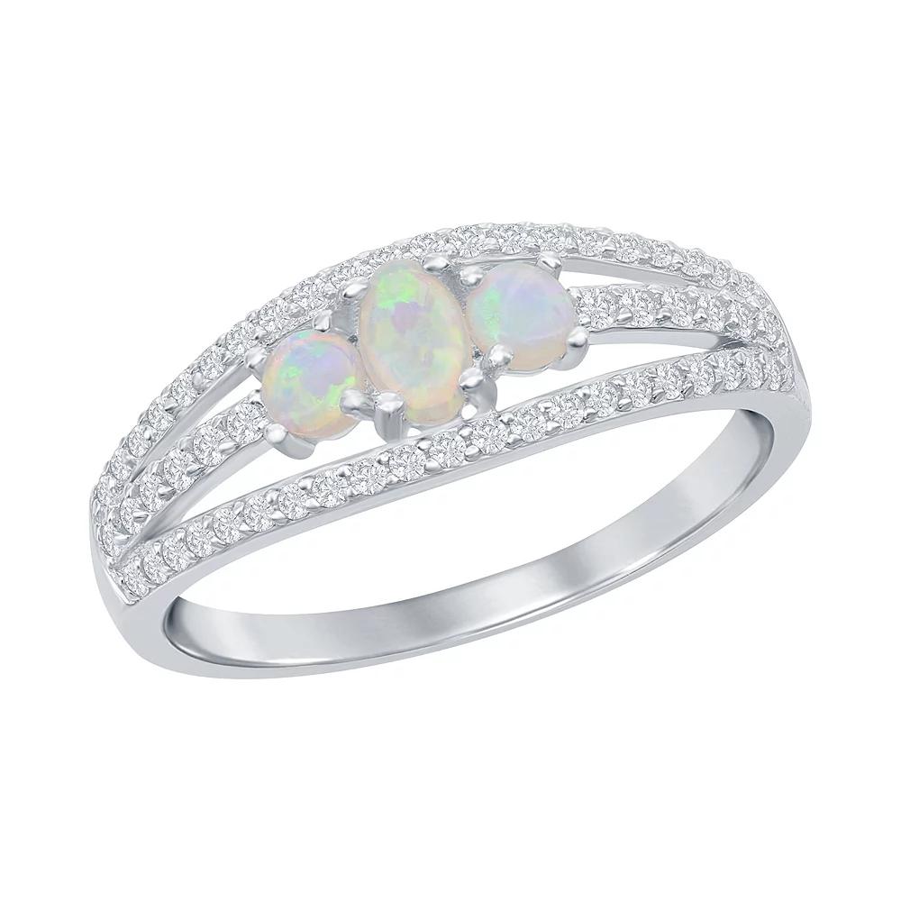 Sterling Silver Three-Stone White Opal Cubic Zirconia Band Ring, Women's, Size: 6 Product Image