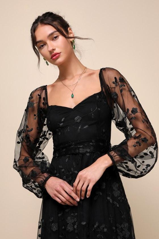 Darling Charisma Black Mesh Embroidered Midi Dress Product Image