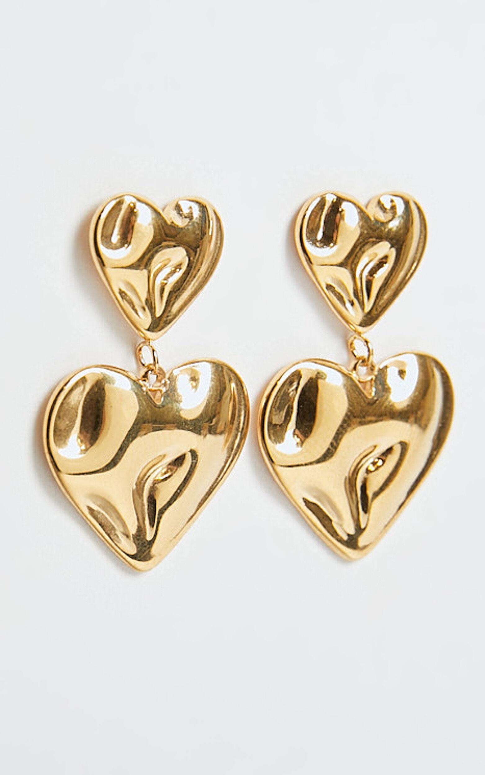 Khrizza Earrings - Distressed Double Heart Drop Earrings in Gold Product Image