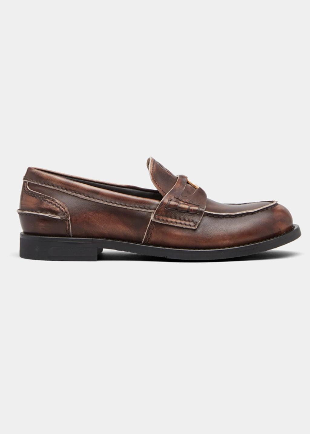 MIU MIU Leather Distressed Penny Loafers In Brown Product Image