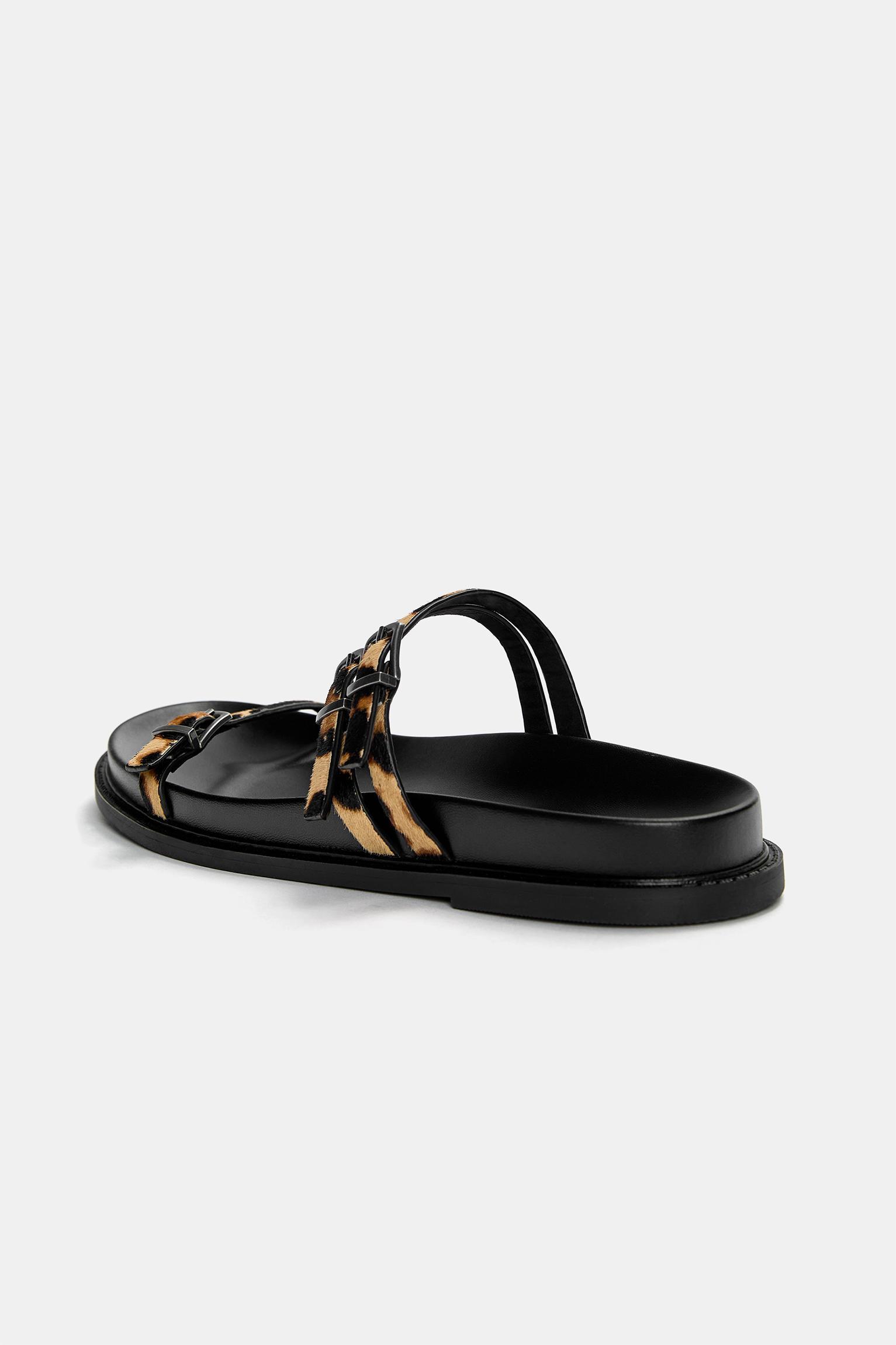 Leopard print leather flat slider sandals Product Image