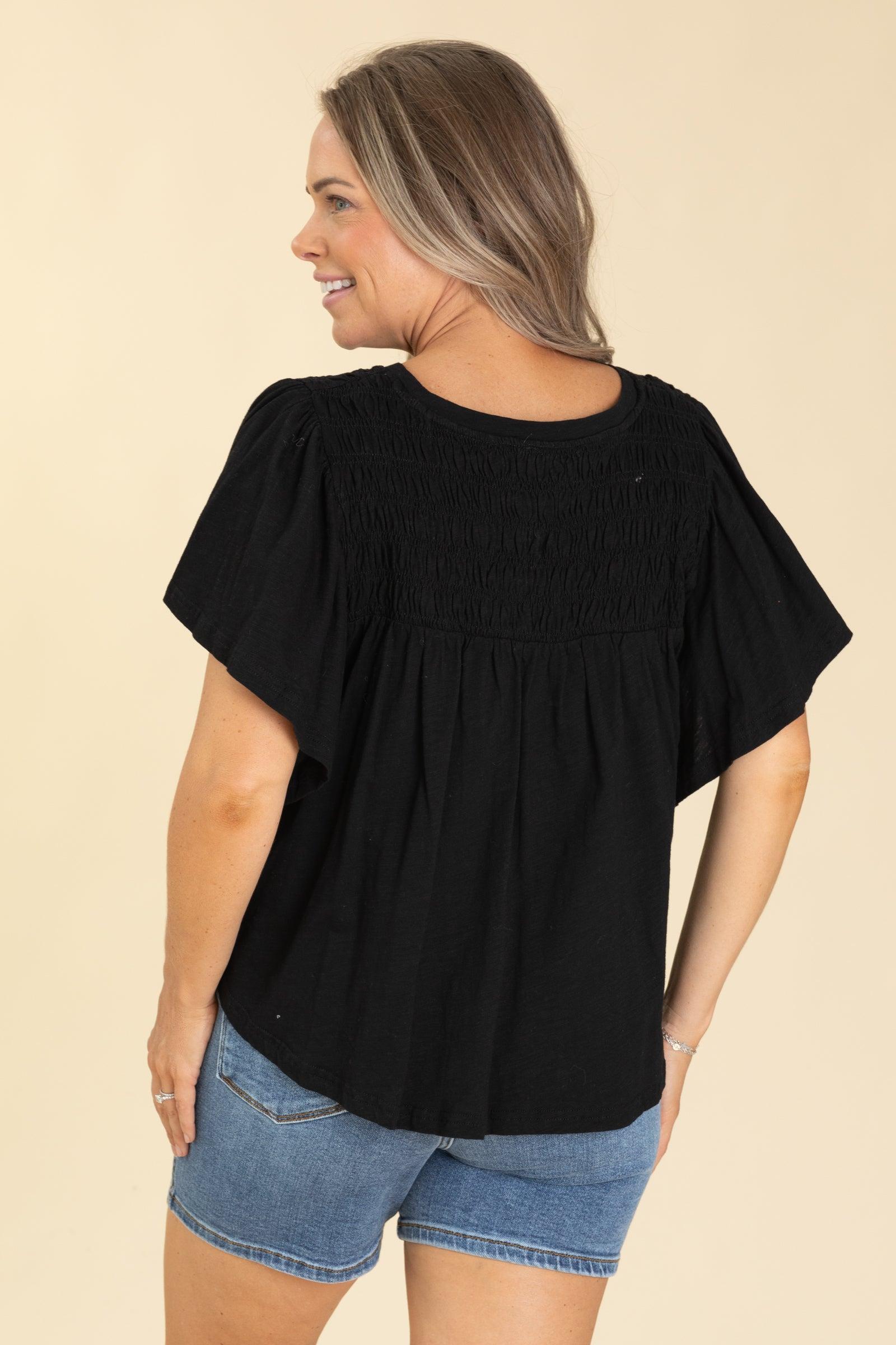 Black Smocking Detail Flutter Sleeve Knit Top Product Image