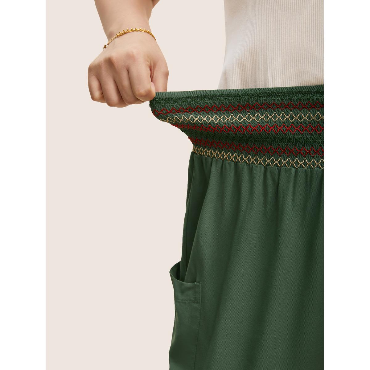 Plus Size Mid Rise Shirred Tapered Leg Pants Women ArmyGreen Resort Mid Rise Vacation Pants BloomChic 12/L Product Image