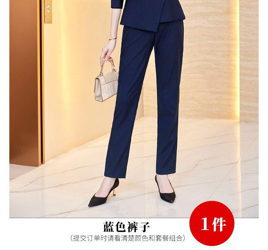 Peak Lapel Plain Asymmetrical Button Blazer / High Rise Straight Leg Slacks / High Rise Mini Pencil Skirt / Long-Sleeve V-Neck Plain Blouse Product Image