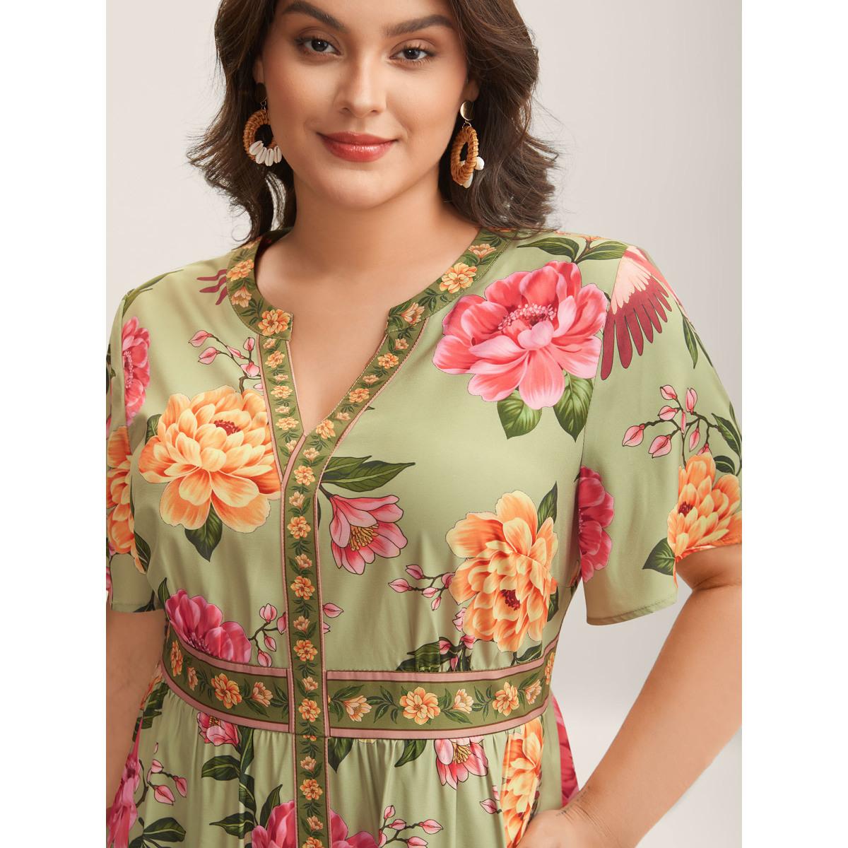 Plus Size Floral Contrast Hem Split Neck Midi Dress Sage Women Boho Flat collar with V-notch Short sleeve Curvy BloomChic 14-16/1X Product Image