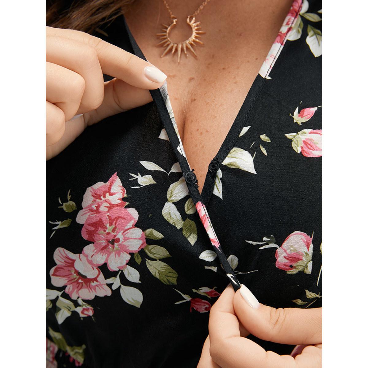 Plus Size Supersoft Essentials Floral Pocket Shirred Dress Black Women Elegant Wrap Overlap Collar Long Sleeve Curvy Midi Dress BloomChic 26/4X Product Image