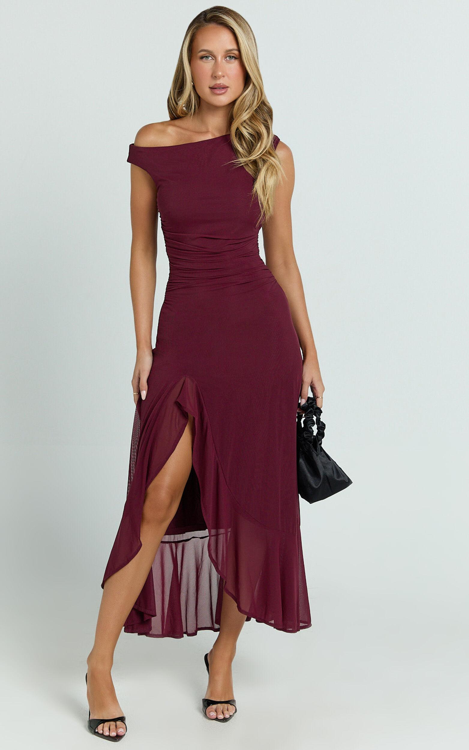 Judee Midi Dress - One Shoulder High Side Split Dress in Wine Product Image