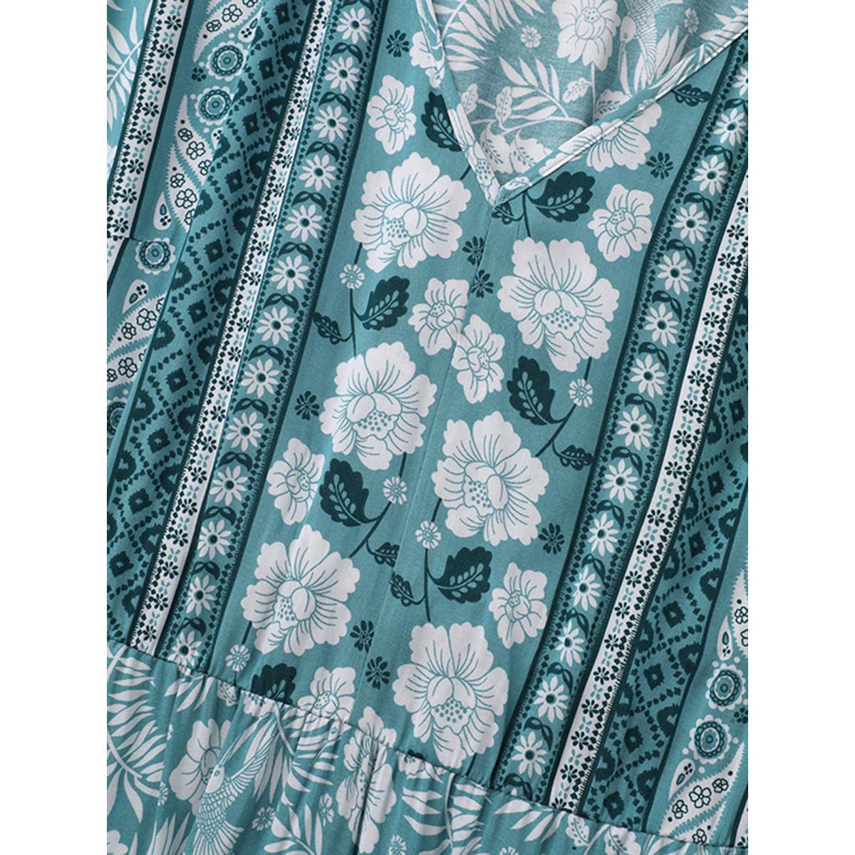 Plus Size Floral Print Stretchy Waist Pockets Midi Dress Stone Women Resort Non V-neck Short sleeve Curvy BloomChic 10/M Product Image