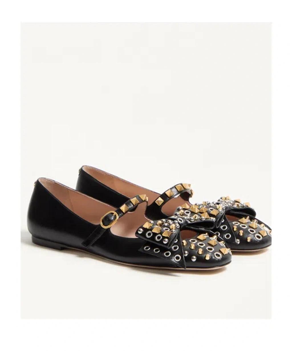 VALENTINO GARAVANI Mary-jane Bowow Ballerina In Kidskin With Studs Woman Black 35 In Multi Product Image