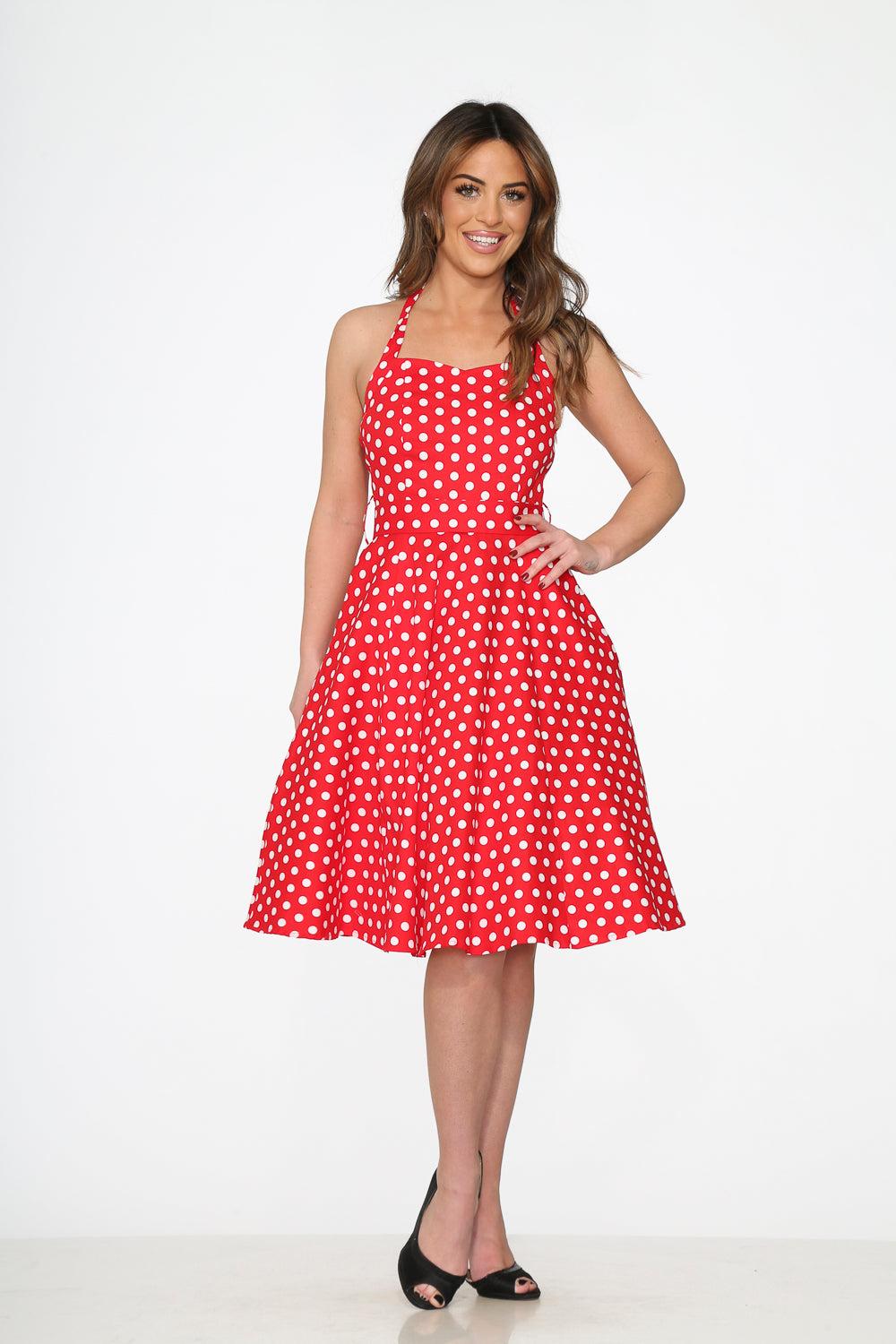 Red & White Polka Dot Halter Dress Product Image