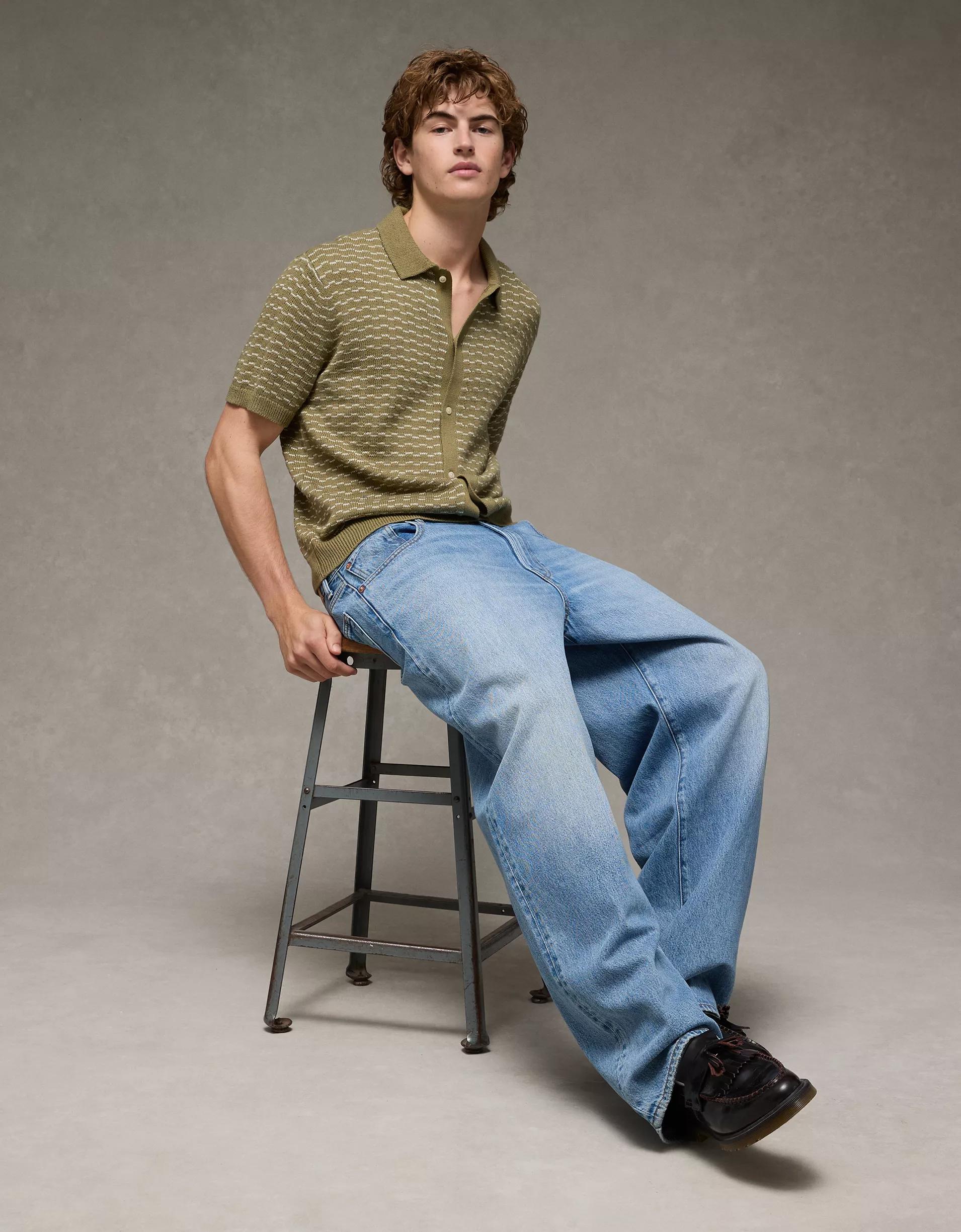 AE Weekend Striped Button-Up Sweater Polo Shirt Product Image