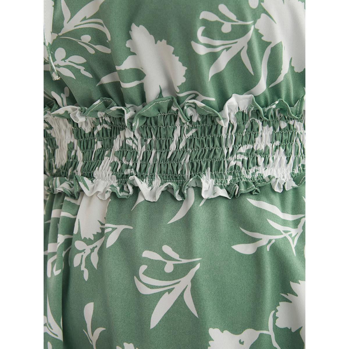 Plus Size Floral Lantern Sleeve Shirred Pocket Tie Neck Ruffle Dress Green Women Elegant Pocket Round Neck Long Sleeve Curvy Midi Dress BloomChic 26/4X Product Image