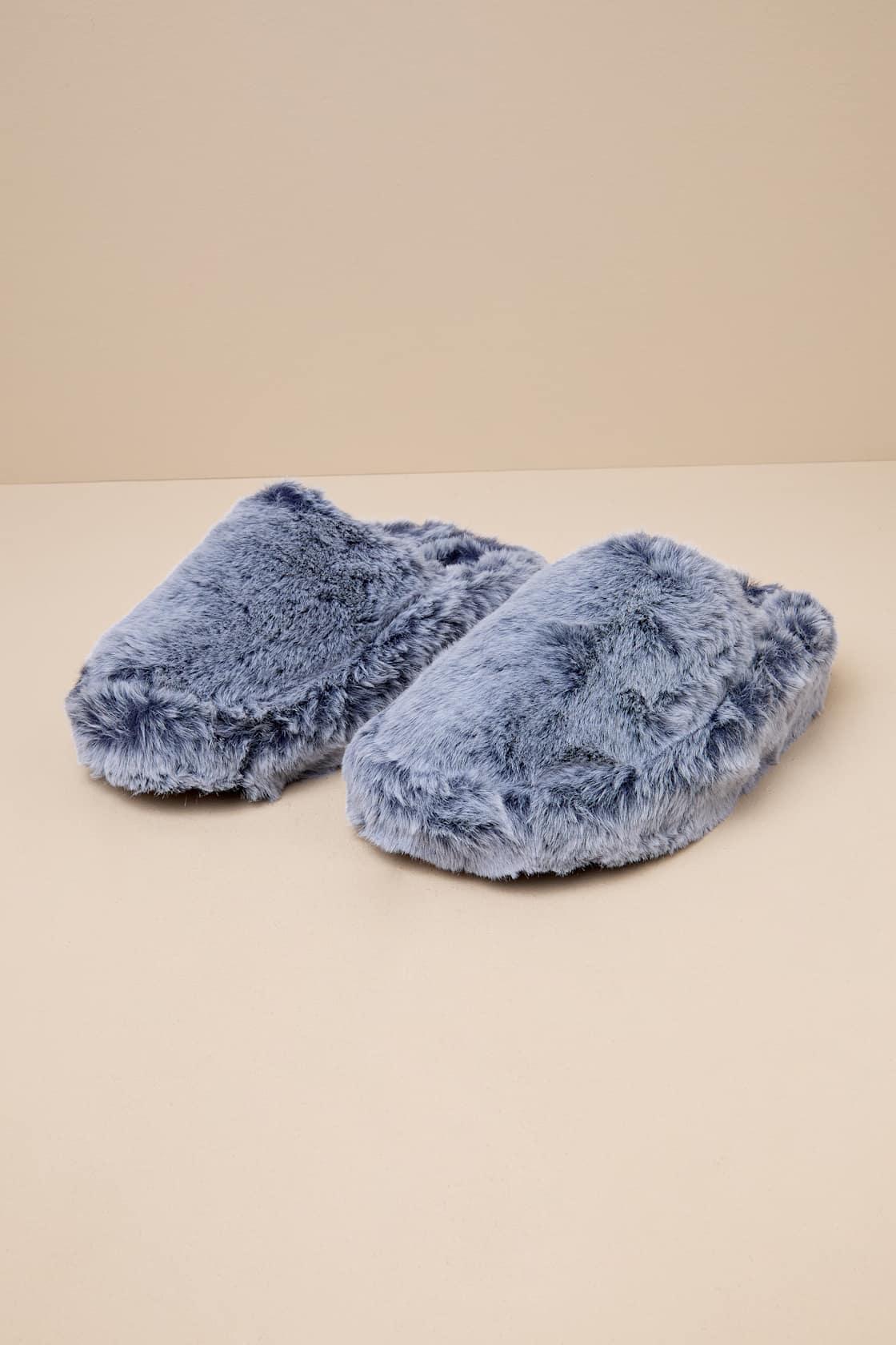 Socozee Navy and White Faux Fur Flatform Slippers Product Image