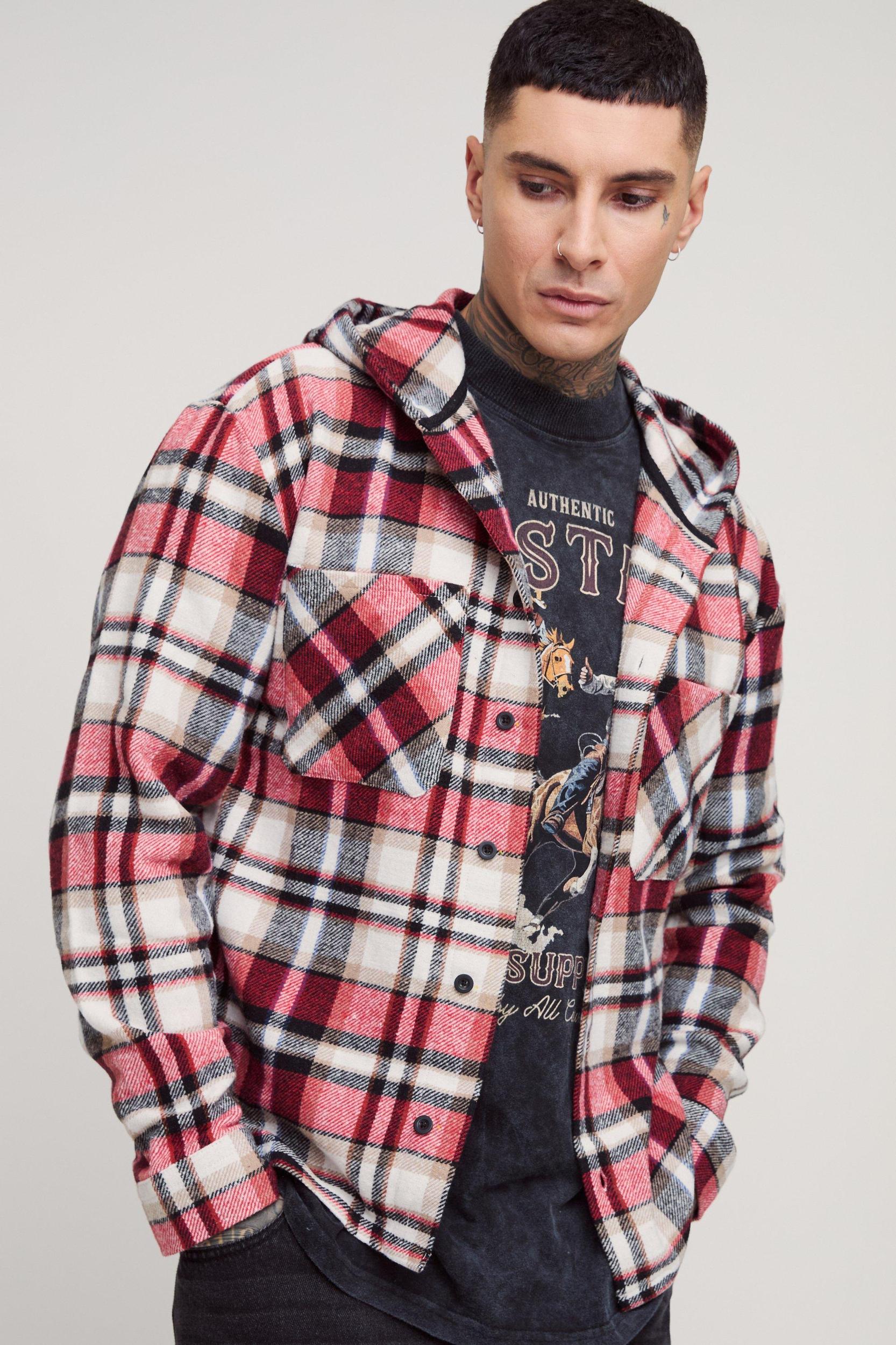 Tall Brushed Hooded PlaidShirt Jacket | boohooMAN USA Product Image