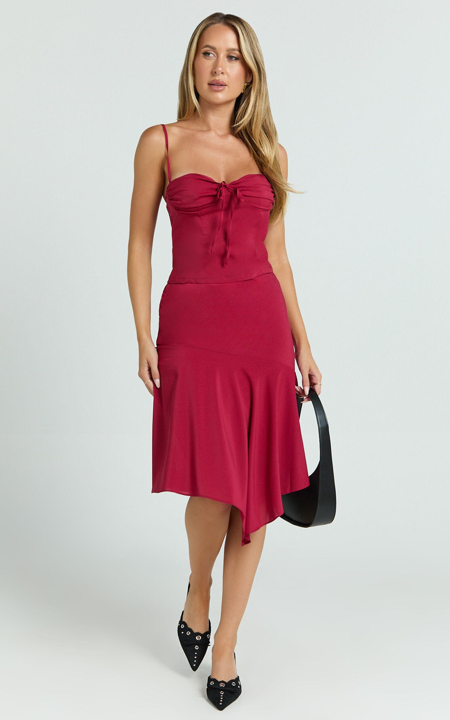 Clare Midi Skirt - Mid Waisted Asymmetric Bias Cut Slip Skirt in Cherry Red Product Image