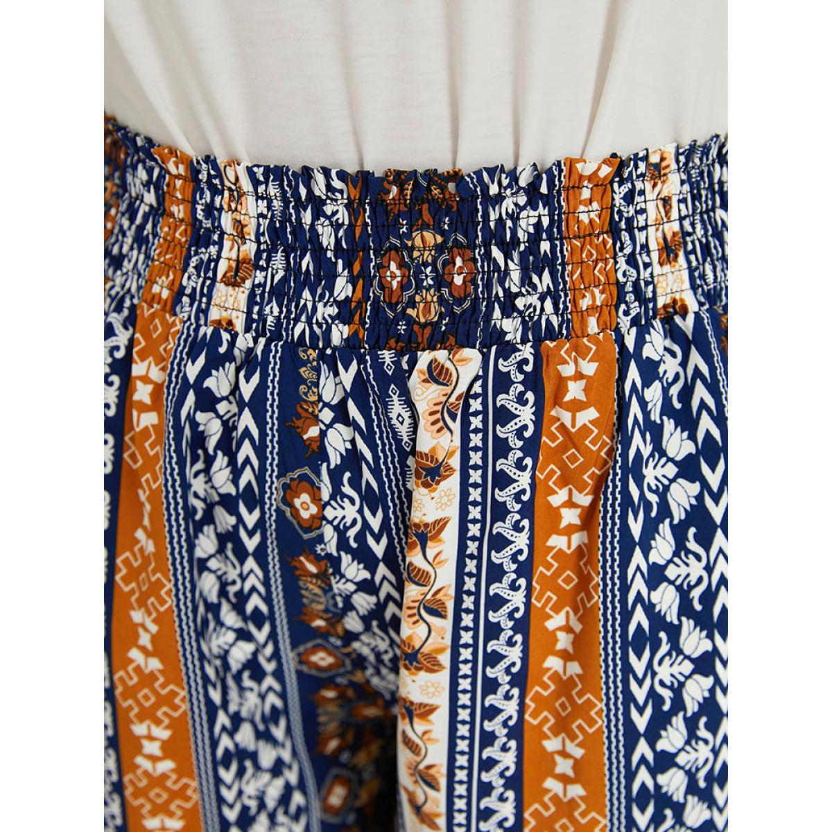Plus Size Boho Print Shirred Pocket Elastic Waist Pants Women Indigo Resort Wide Leg High Rise Vacation Pants BloomChic 10/M Product Image