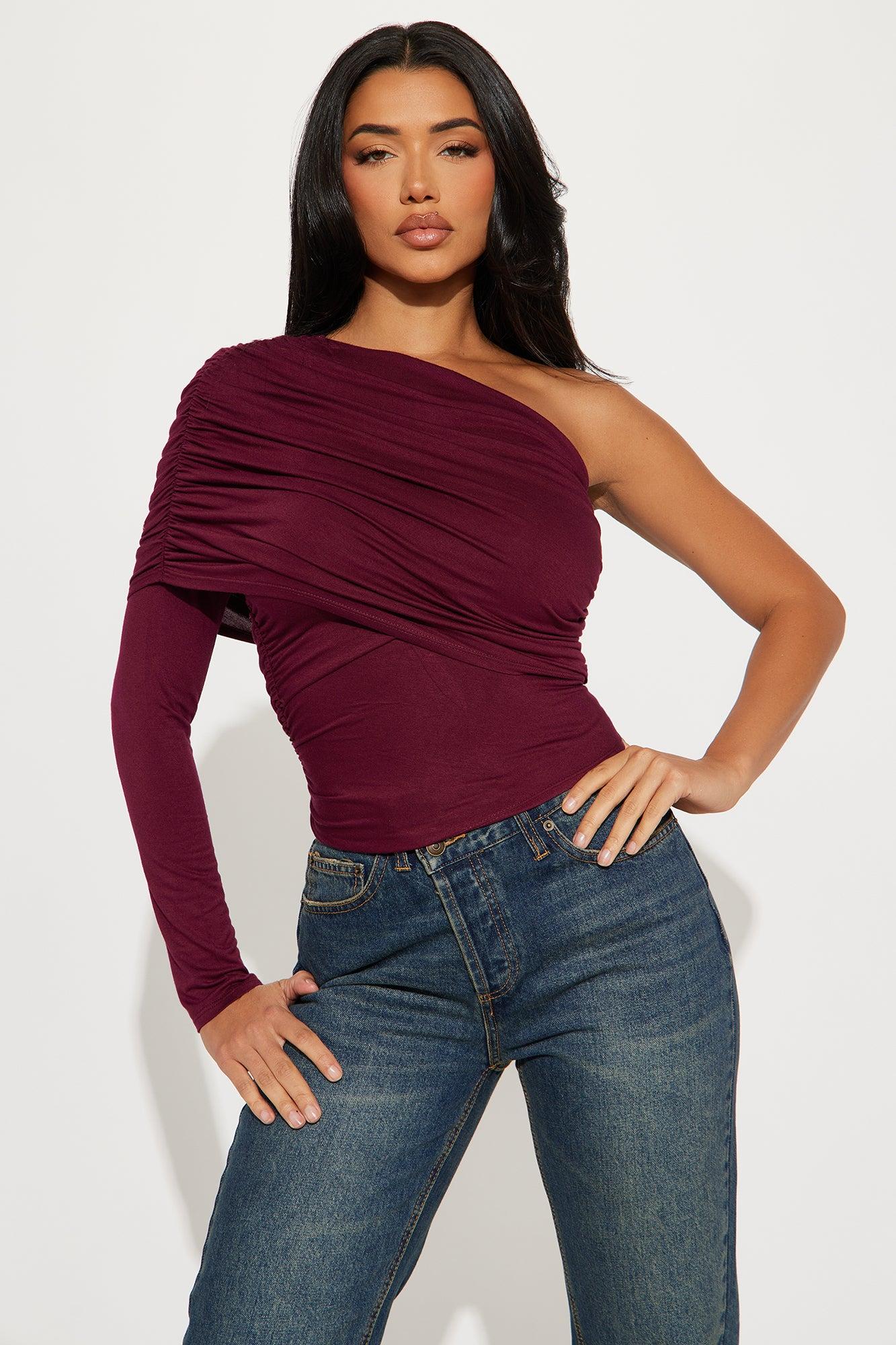 Venus Ruched Long Sleeve One Shoulder Top - Burgundy Product Image