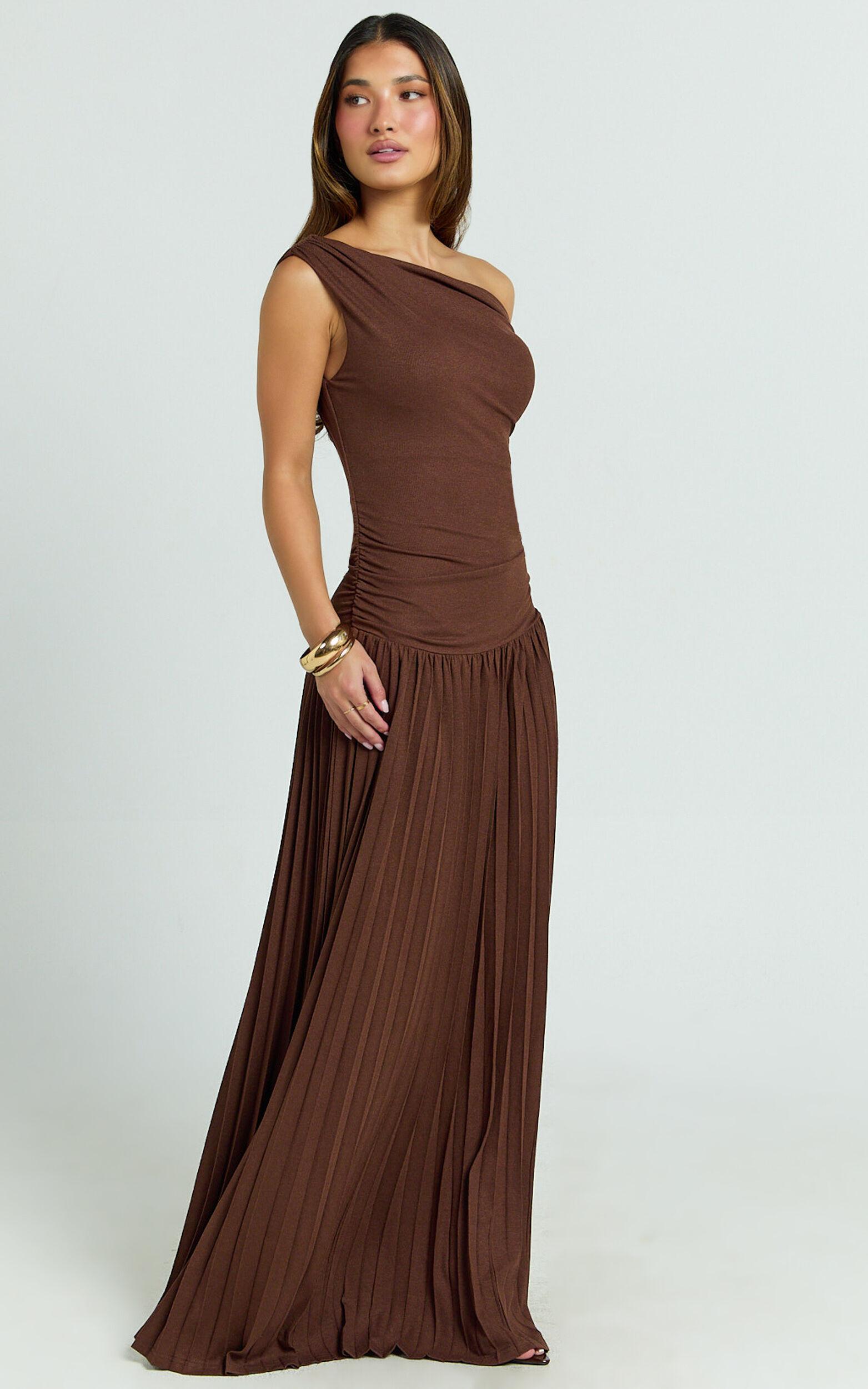 Yvonne Maxi Dress - Jersey Tip Shoulder Ruched Dress in Chocolate Product Image