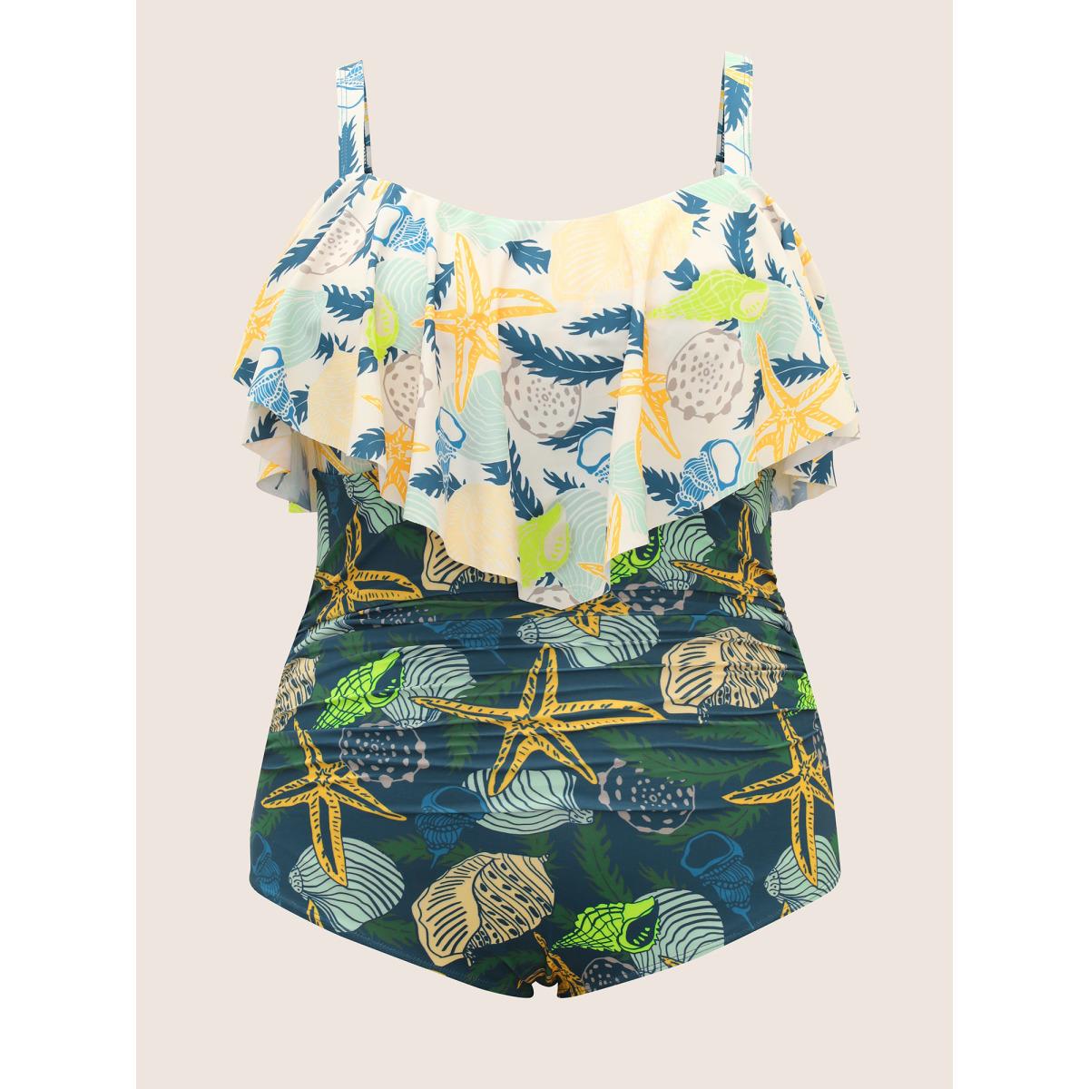 Plus Size Marine Elements Tiered Ruffles One Piece Swimsuit Women's Swimwear Beige Beach Gathered Curve Bathing Suits High stretch One Pieces BloomChic 18-20/2X Product Image