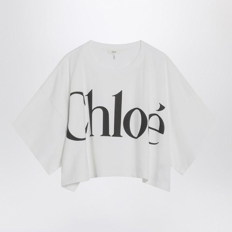 CHLOÉ White Cropped Crewneck T-shirt With Maxi Logo Print On The Front In Cotton Woman In Multicolor Product Image