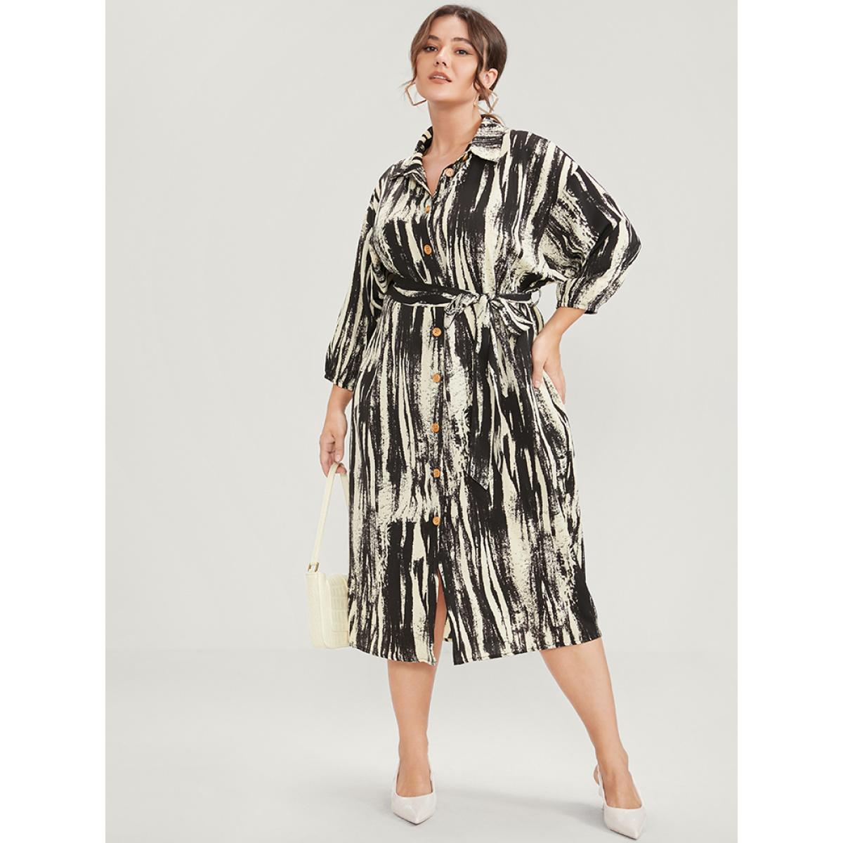 Plus Size Shirt Collar Pocket Belted Button Up Dress Black Women Office Belted Shirt collar Long Sleeve Curvy Midi Dress BloomChic 10/M Product Image