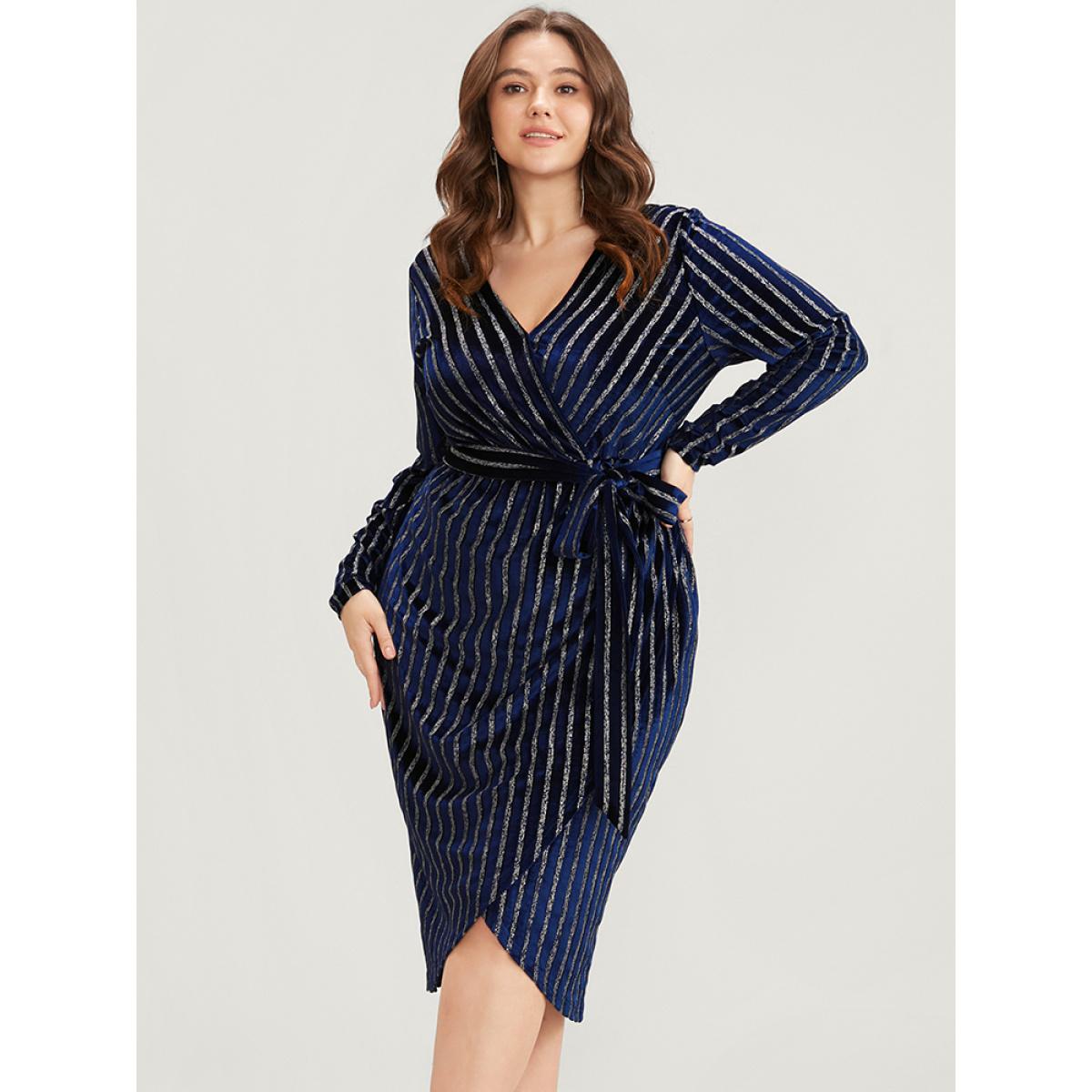 Plus Size Glitter Striped Wrap Belted Velvet Midi Dress Indigo Women Party Velvet V-neck Long Sleeve Curvy Midi Dress BloomChic 14-16/1X Product Image