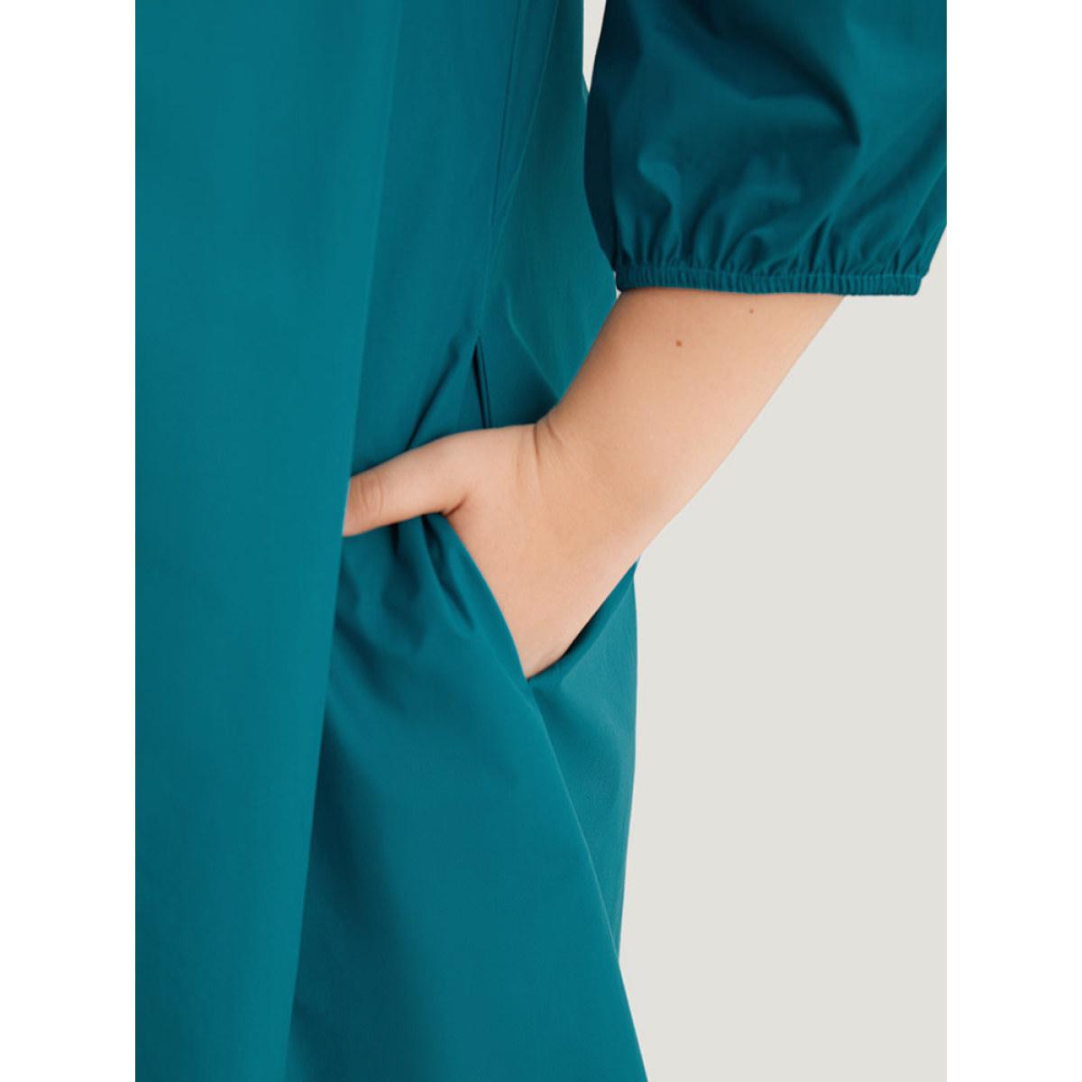 Plus Size Plain Ruffle Trim Lantern Sleeve Dress Cerulean Women Vacation Elastic cuffs Notched collar Elbow-length sleeve Curvy Midi Dress BloomChic 12/L Product Image