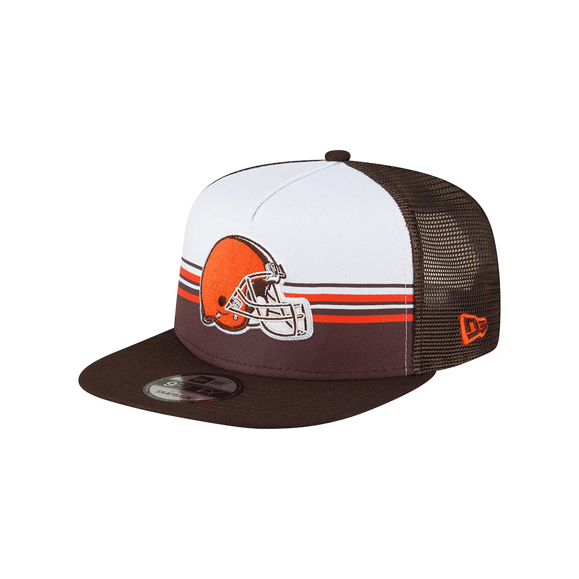 Men's New Era White/Brown Cleveland Browns Striped A-Frame 9FIFTY Trucker Snapback Hat Product Image