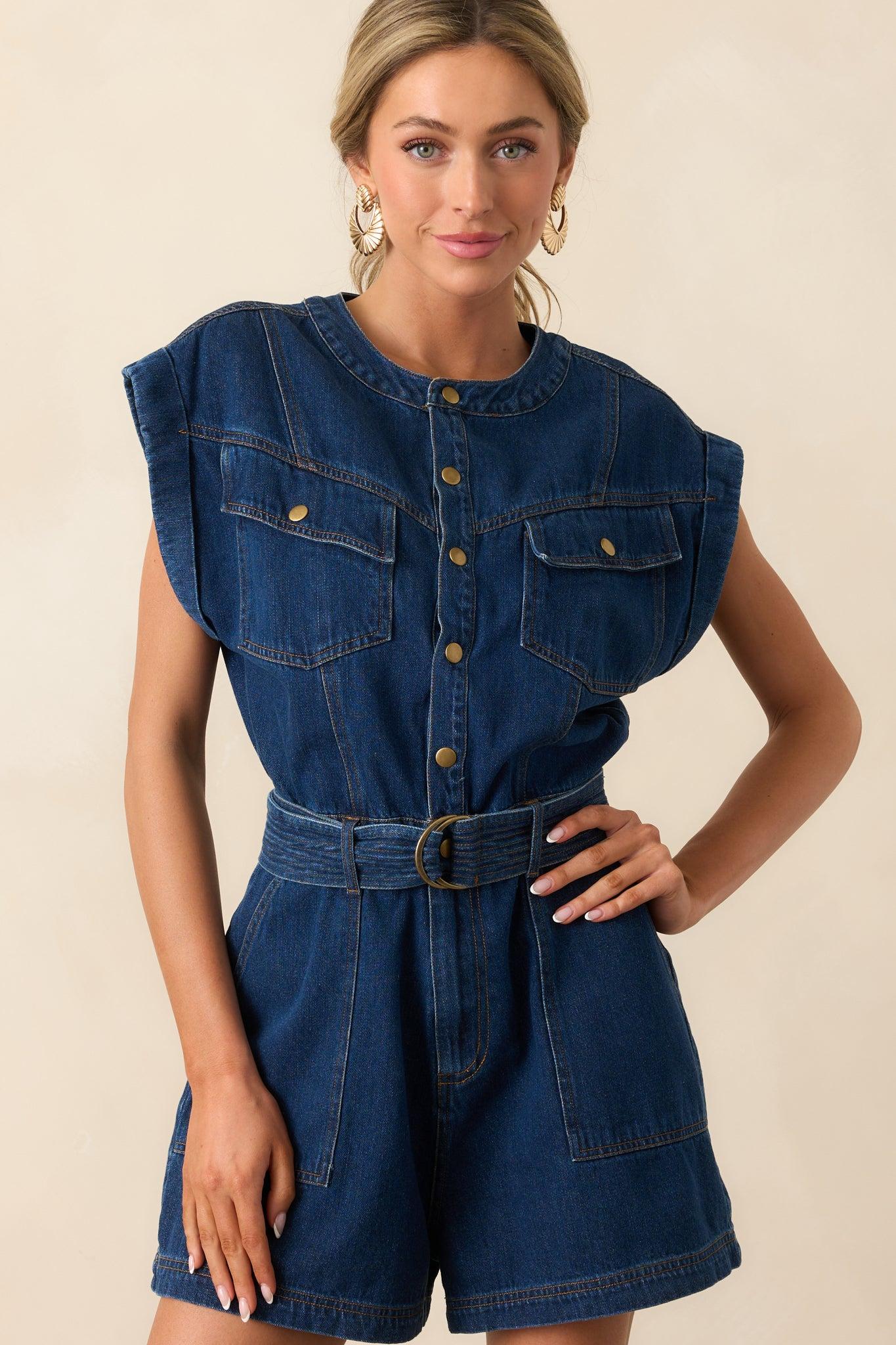 The Road Less Traveled Dark Wash Denim Romper Product Image