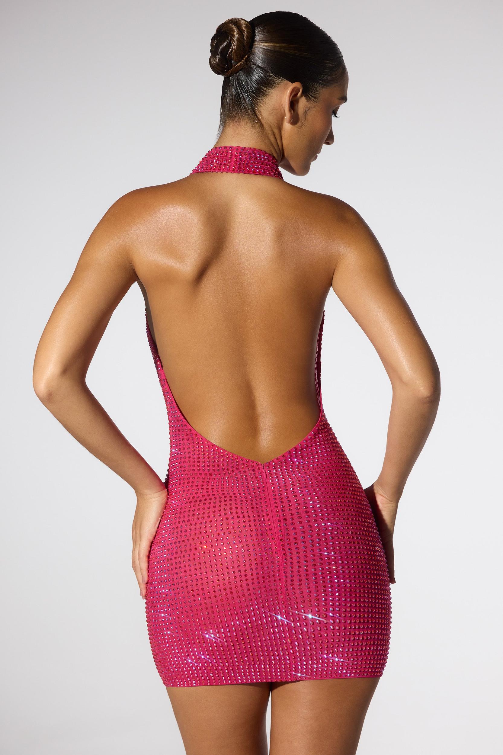 Embellished Extreme Cowl Neck Halter Mini Dress in Hot Pink Product Image
