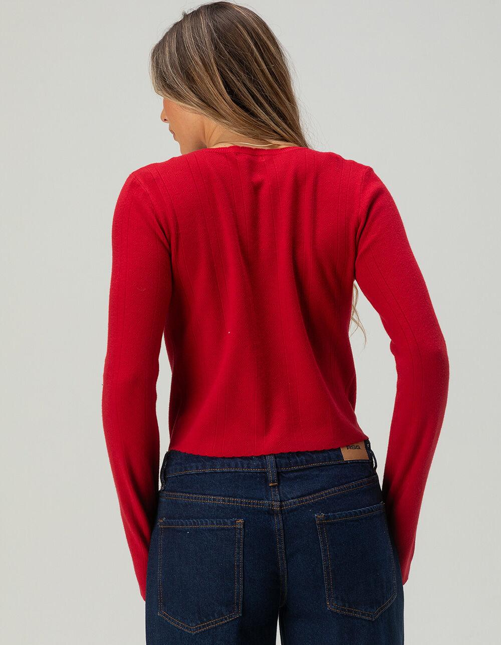 FULL TILT 3 Tie Front Womens Pointelle Cardigan - RED Product Image