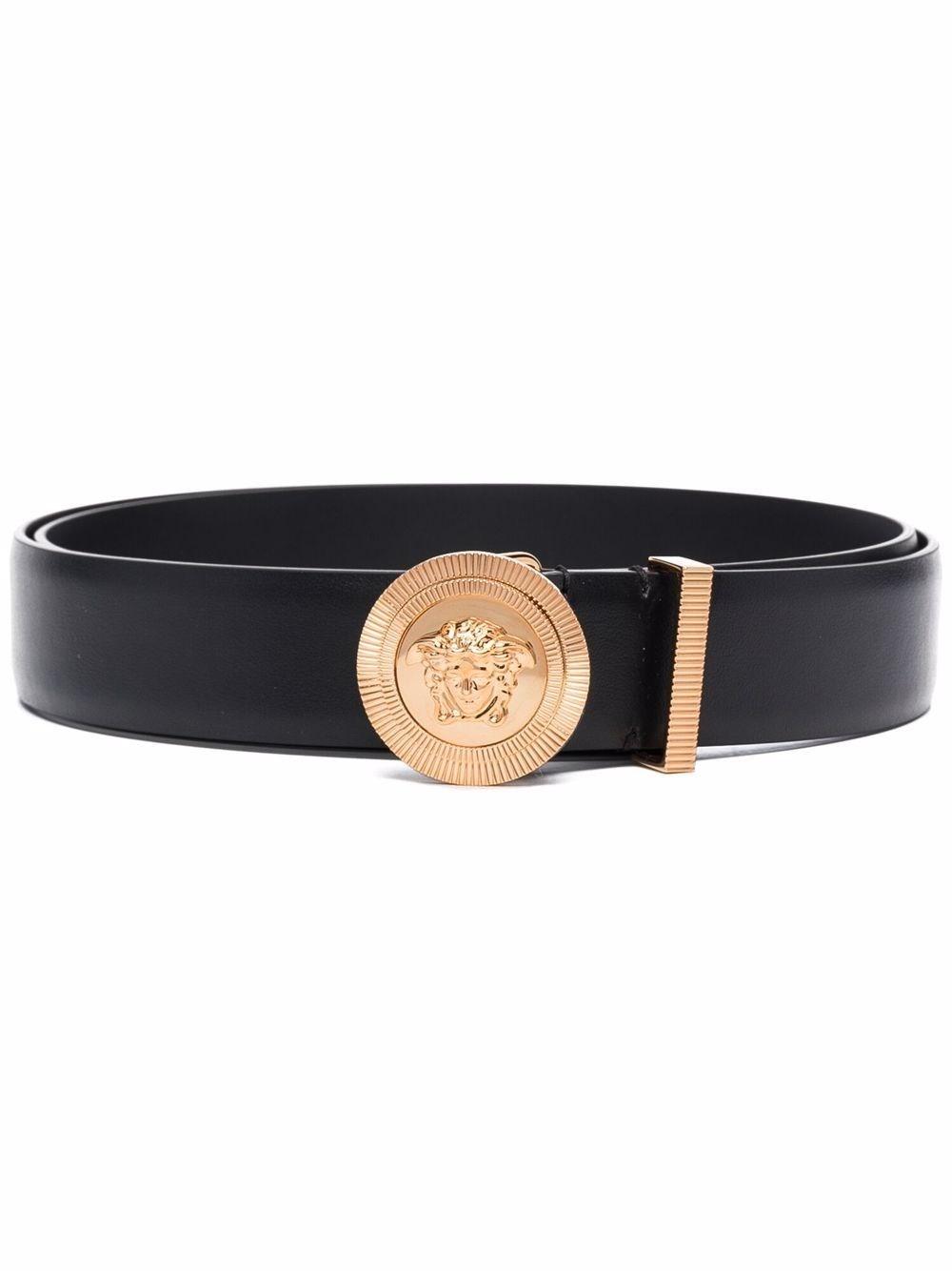 VERSACE Medusa Streamlined Leather Belt With Adjustable Length And Gold-tone Buckle In Black Product Image