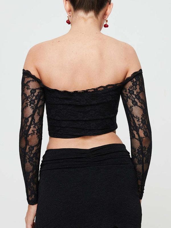 Lace Off Shoulder Cropped Long Sleeve Tee Product Image