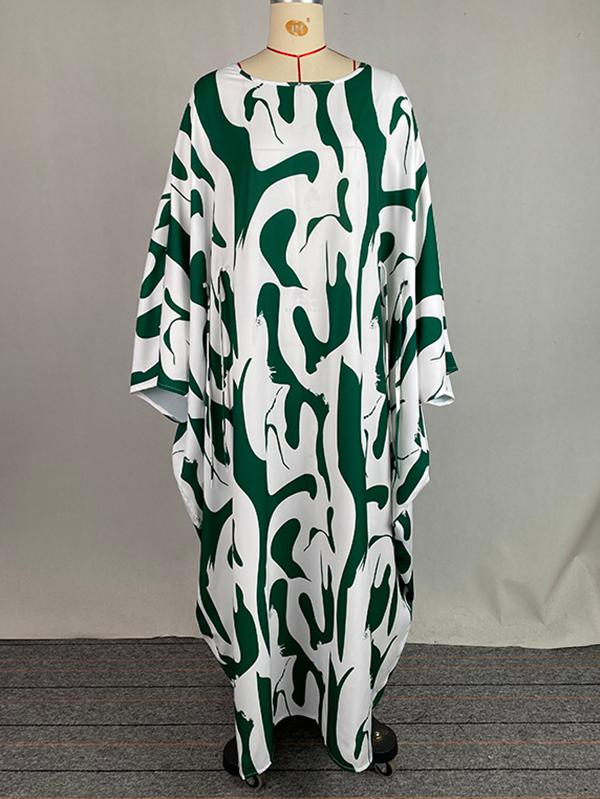 Batwing Sleeves Loose Contrast Color Printed Round-Neck Maxi Dresses Product Image