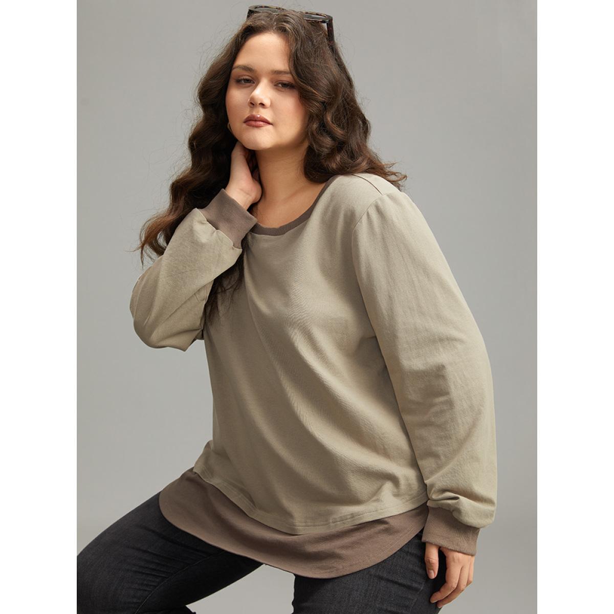 Plus Size Cotton Two Tone Layered Sweatshirt Women LightBrown Casual Arc Hem Round Neck Dailywear Sweatshirts BloomChic 10/M Product Image