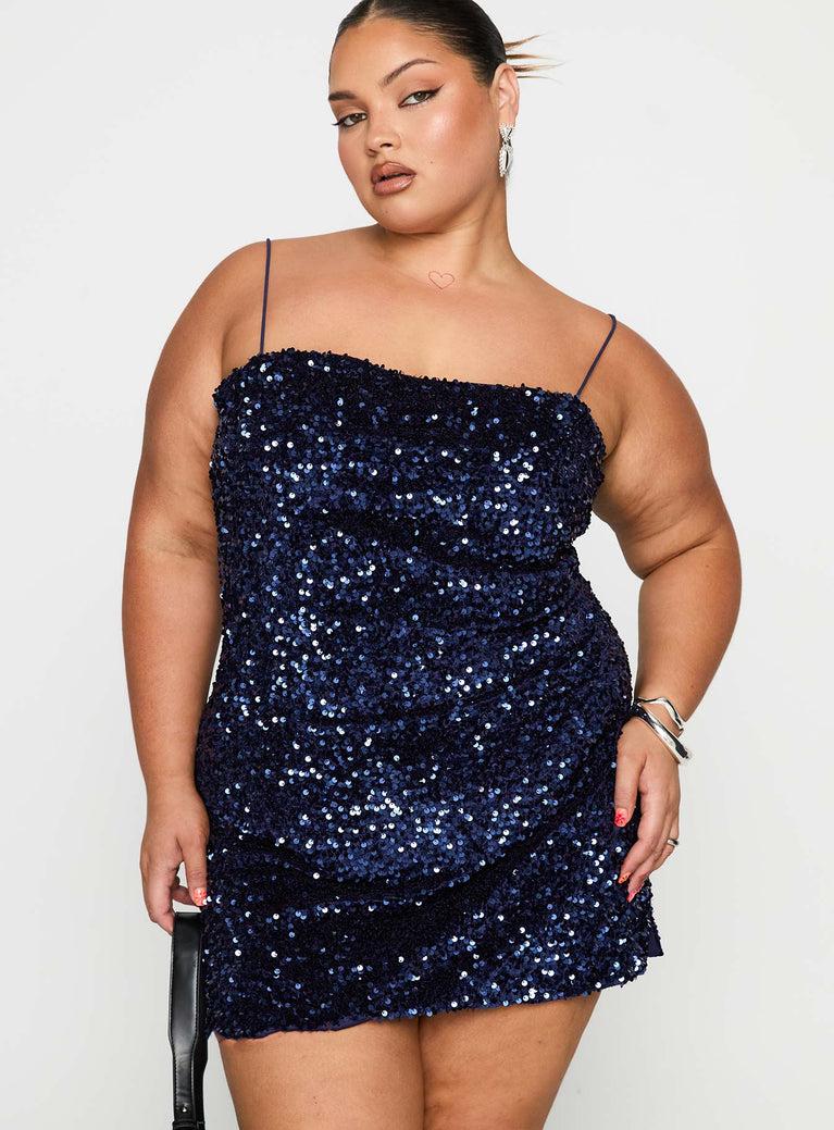 Layney Sequin Mini Dress Navy Curve Product Image