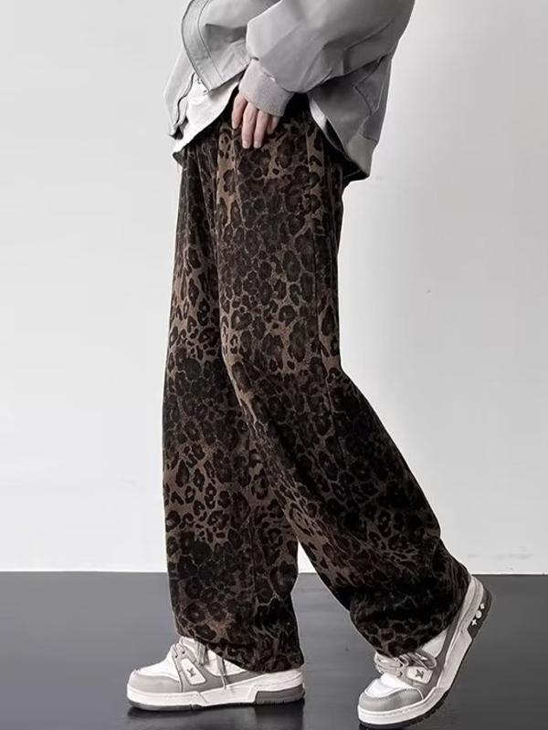Men'S American Retro Niche Leopard Print Loose Jeans Product Image