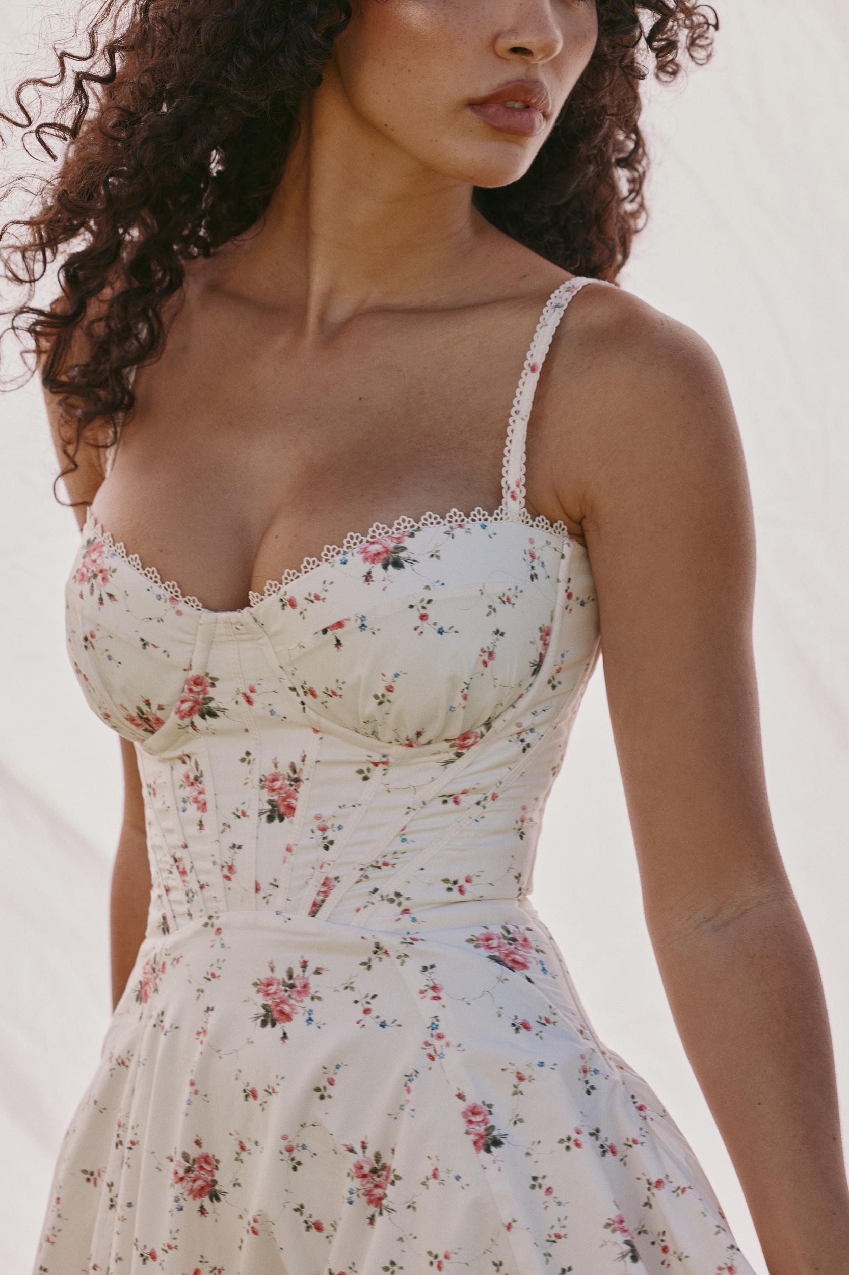 Steffani  white stretch cotton rose print midi sundress Product Image