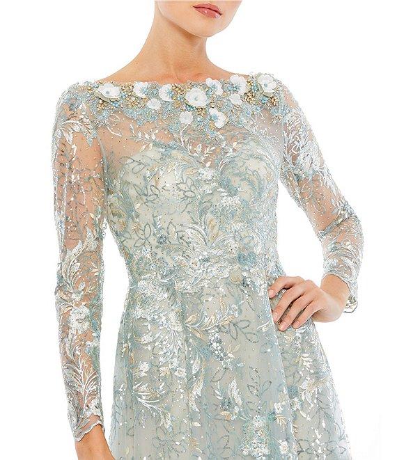 Mac Duggal Floral Embroidered Sequin Illusion Boat Neck Long Sleeve Gown Product Image