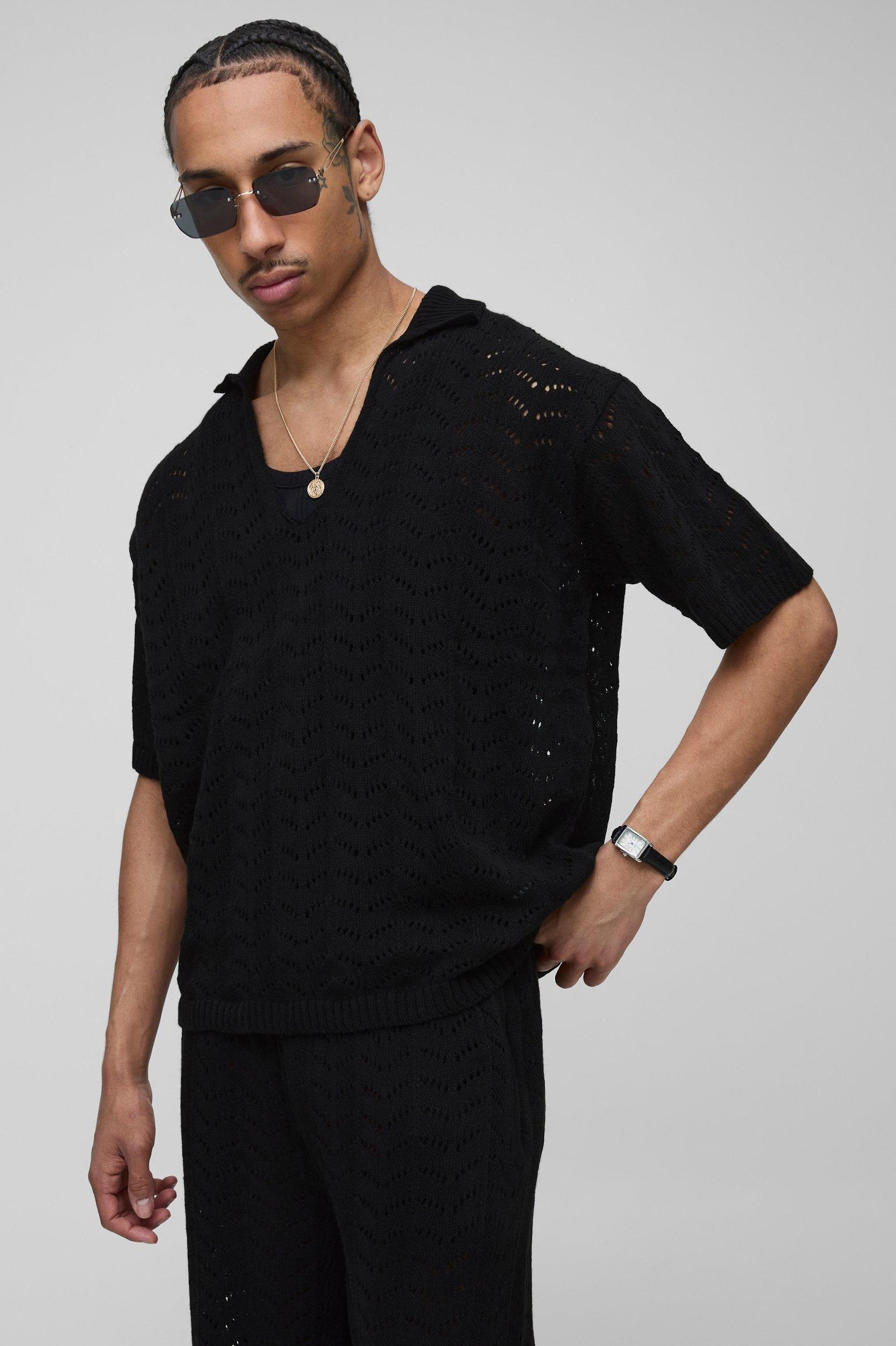 Boxy V Neck Relaxed Texture Knitted Trouser and Polo Set | boohooMAN USA Product Image